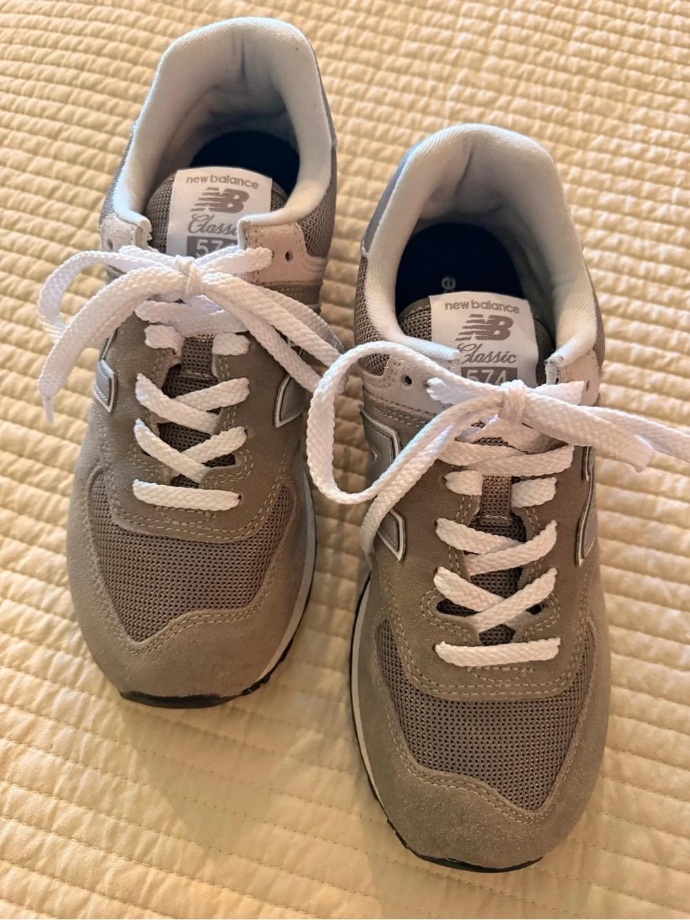 New Balance 574 Taupe Gray and White Mesh Suede Sneakers
